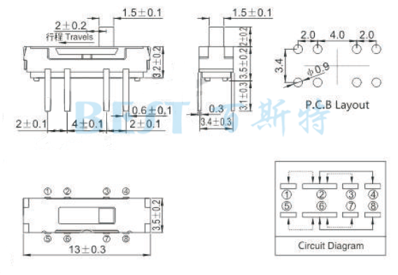 撥動開關MSS-23D38參考圖紙